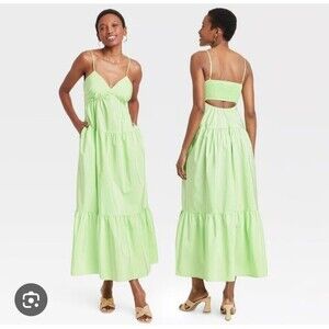A New Day Lime Green Taffeta Tiered Maxi Smocked Cutout Sundress Size S NWT